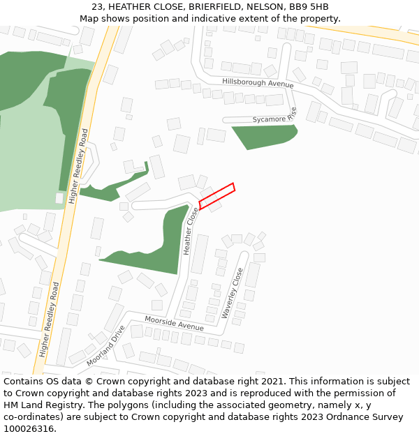 23, HEATHER CLOSE, BRIERFIELD, NELSON, BB9 5HB: Location map and indicative extent of plot