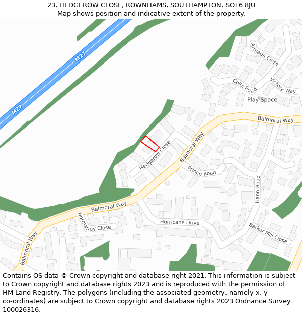 23, HEDGEROW CLOSE, ROWNHAMS, SOUTHAMPTON, SO16 8JU: Location map and indicative extent of plot