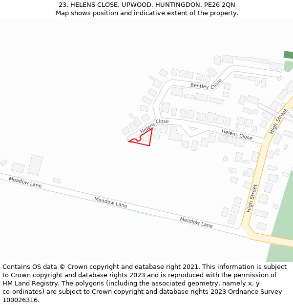 23, HELENS CLOSE, UPWOOD, HUNTINGDON, PE26 2QN: Location map and indicative extent of plot