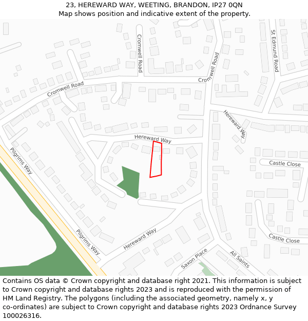 23, HEREWARD WAY, WEETING, BRANDON, IP27 0QN: Location map and indicative extent of plot