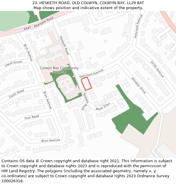 23, HESKETH ROAD, OLD COLWYN, COLWYN BAY, LL29 8AT: Location map and indicative extent of plot