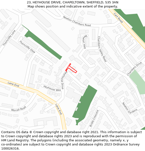 23, HEYHOUSE DRIVE, CHAPELTOWN, SHEFFIELD, S35 3AN: Location map and indicative extent of plot