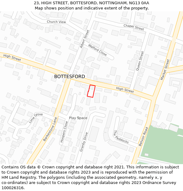 23, HIGH STREET, BOTTESFORD, NOTTINGHAM, NG13 0AA: Location map and indicative extent of plot