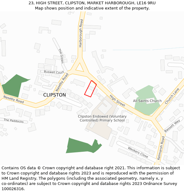 23, HIGH STREET, CLIPSTON, MARKET HARBOROUGH, LE16 9RU: Location map and indicative extent of plot