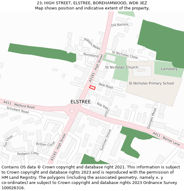 23, HIGH STREET, ELSTREE, BOREHAMWOOD, WD6 3EZ: Location map and indicative extent of plot