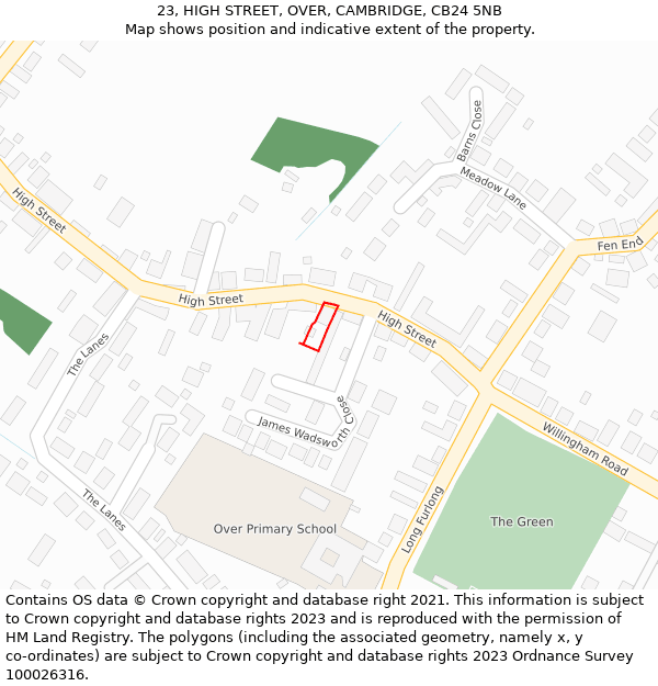 23, HIGH STREET, OVER, CAMBRIDGE, CB24 5NB: Location map and indicative extent of plot
