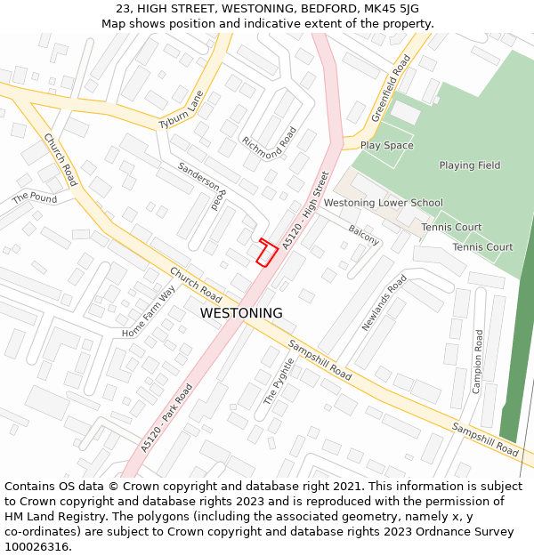 23, HIGH STREET, WESTONING, BEDFORD, MK45 5JG: Location map and indicative extent of plot