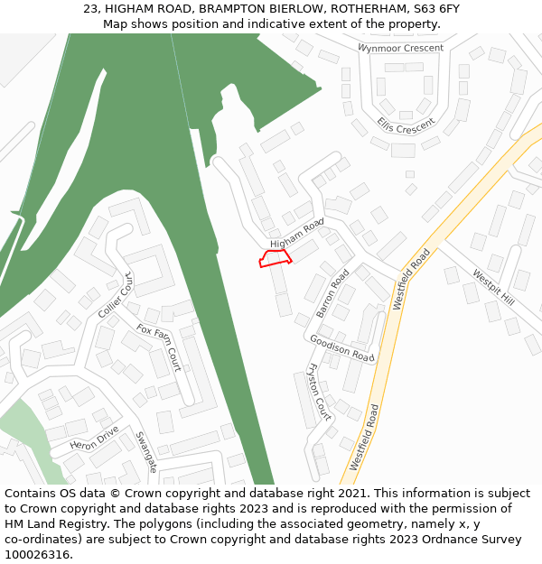 23, HIGHAM ROAD, BRAMPTON BIERLOW, ROTHERHAM, S63 6FY: Location map and indicative extent of plot