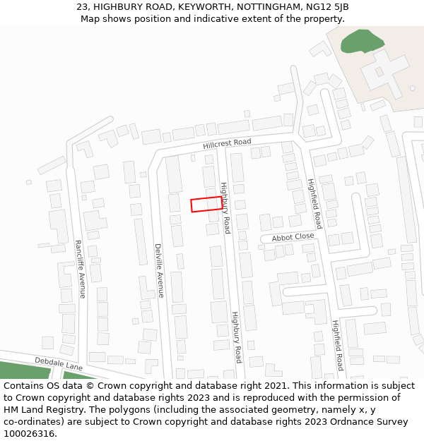 23, HIGHBURY ROAD, KEYWORTH, NOTTINGHAM, NG12 5JB: Location map and indicative extent of plot