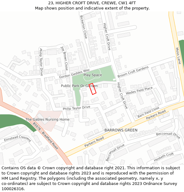 23, HIGHER CROFT DRIVE, CREWE, CW1 4FT: Location map and indicative extent of plot