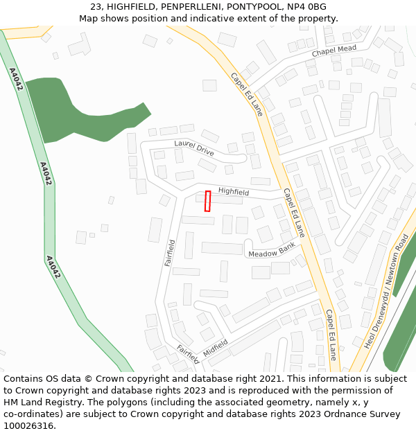 23, HIGHFIELD, PENPERLLENI, PONTYPOOL, NP4 0BG: Location map and indicative extent of plot