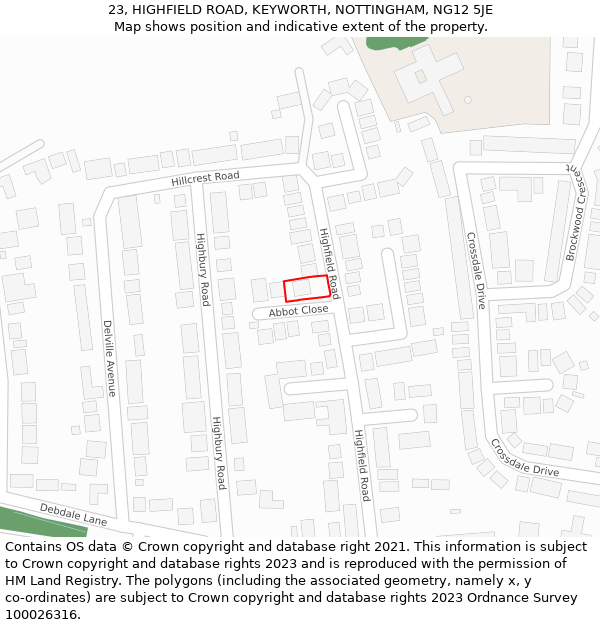 23, HIGHFIELD ROAD, KEYWORTH, NOTTINGHAM, NG12 5JE: Location map and indicative extent of plot