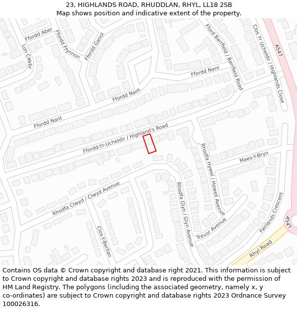 23, HIGHLANDS ROAD, RHUDDLAN, RHYL, LL18 2SB: Location map and indicative extent of plot