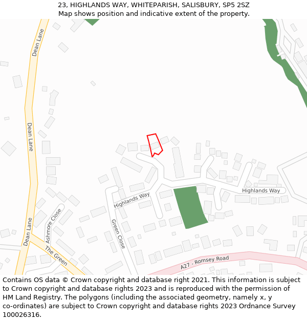 23, HIGHLANDS WAY, WHITEPARISH, SALISBURY, SP5 2SZ: Location map and indicative extent of plot