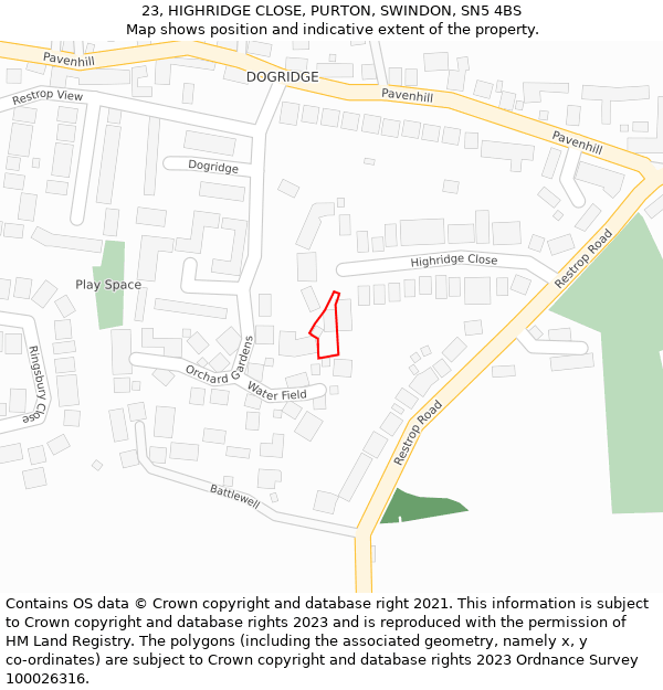 23, HIGHRIDGE CLOSE, PURTON, SWINDON, SN5 4BS: Location map and indicative extent of plot