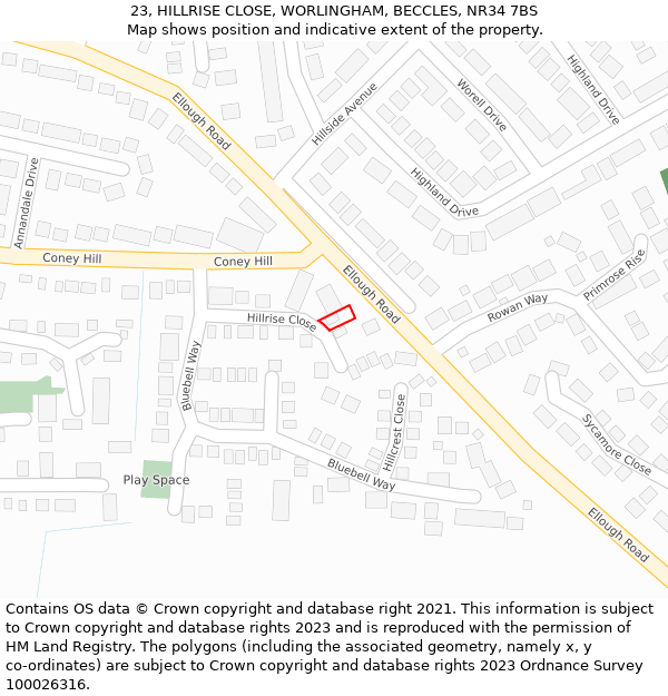23, HILLRISE CLOSE, WORLINGHAM, BECCLES, NR34 7BS: Location map and indicative extent of plot