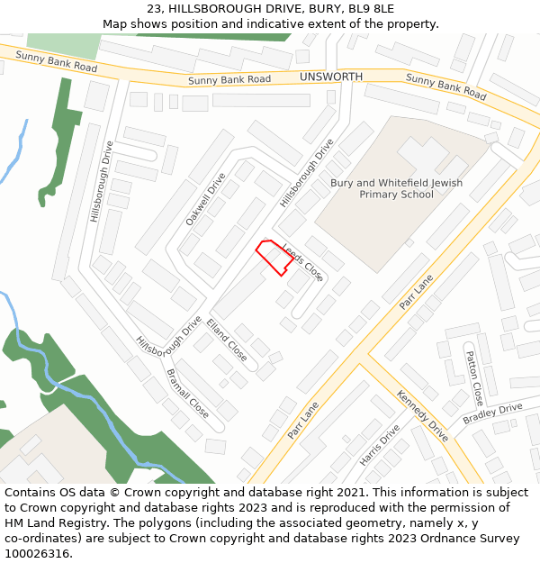 23, HILLSBOROUGH DRIVE, BURY, BL9 8LE: Location map and indicative extent of plot
