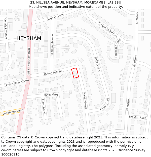 23, HILLSEA AVENUE, HEYSHAM, MORECAMBE, LA3 2BU: Location map and indicative extent of plot