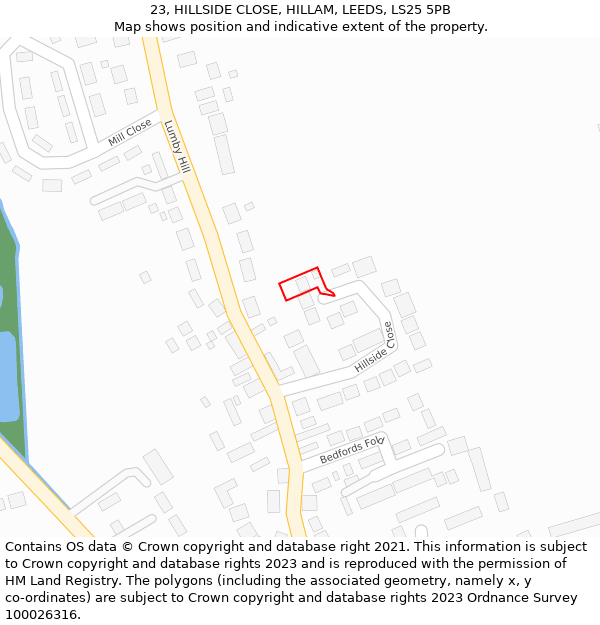 23, HILLSIDE CLOSE, HILLAM, LEEDS, LS25 5PB: Location map and indicative extent of plot