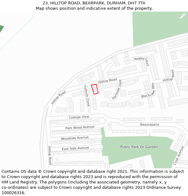 23, HILLTOP ROAD, BEARPARK, DURHAM, DH7 7TA: Location map and indicative extent of plot