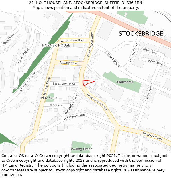 23, HOLE HOUSE LANE, STOCKSBRIDGE, SHEFFIELD, S36 1BN: Location map and indicative extent of plot