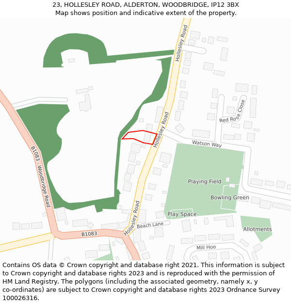 23, HOLLESLEY ROAD, ALDERTON, WOODBRIDGE, IP12 3BX: Location map and indicative extent of plot