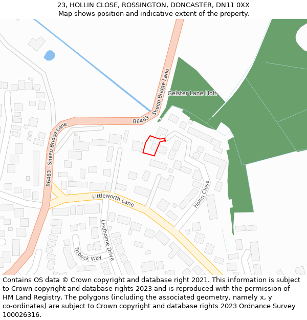 23, HOLLIN CLOSE, ROSSINGTON, DONCASTER, DN11 0XX: Location map and indicative extent of plot