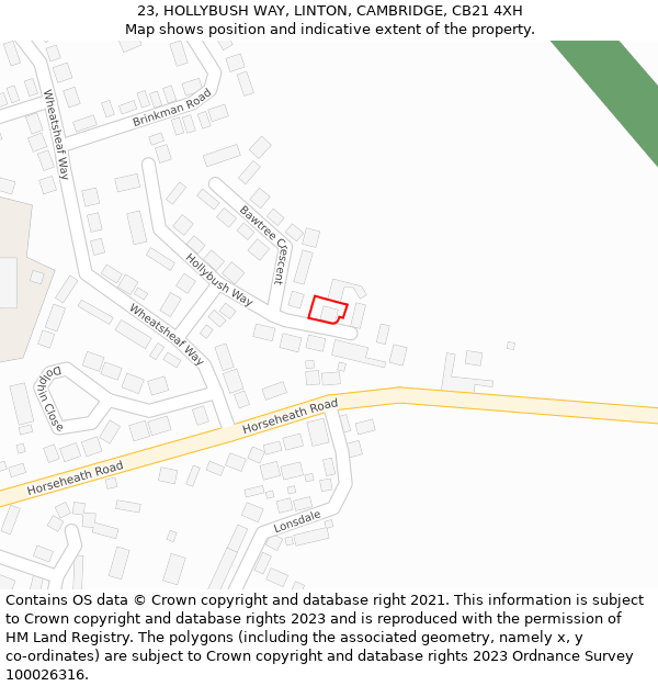 23, HOLLYBUSH WAY, LINTON, CAMBRIDGE, CB21 4XH: Location map and indicative extent of plot