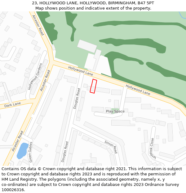 23, HOLLYWOOD LANE, HOLLYWOOD, BIRMINGHAM, B47 5PT: Location map and indicative extent of plot