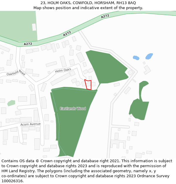 23, HOLM OAKS, COWFOLD, HORSHAM, RH13 8AQ: Location map and indicative extent of plot