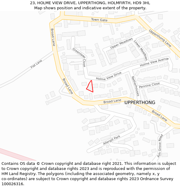 23, HOLME VIEW DRIVE, UPPERTHONG, HOLMFIRTH, HD9 3HL: Location map and indicative extent of plot