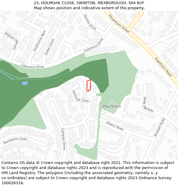 23, HOLMOAK CLOSE, SWINTON, MEXBOROUGH, S64 8UF: Location map and indicative extent of plot