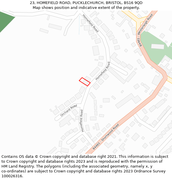 23, HOMEFIELD ROAD, PUCKLECHURCH, BRISTOL, BS16 9QD: Location map and indicative extent of plot