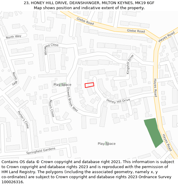 23, HONEY HILL DRIVE, DEANSHANGER, MILTON KEYNES, MK19 6GF: Location map and indicative extent of plot