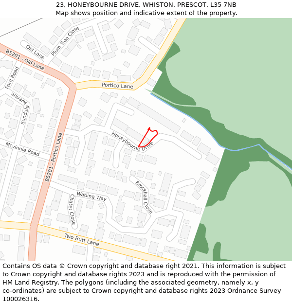 23, HONEYBOURNE DRIVE, WHISTON, PRESCOT, L35 7NB: Location map and indicative extent of plot