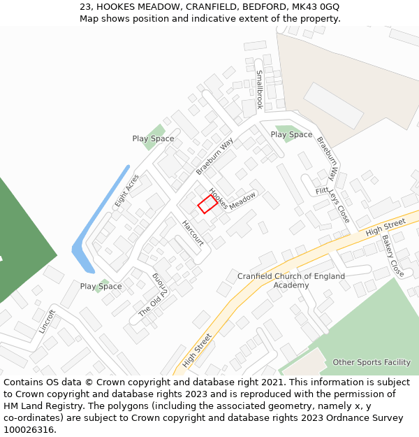 23, HOOKES MEADOW, CRANFIELD, BEDFORD, MK43 0GQ: Location map and indicative extent of plot