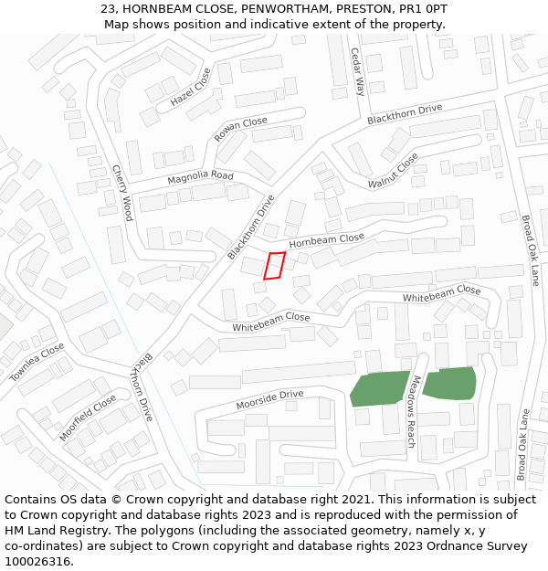23, HORNBEAM CLOSE, PENWORTHAM, PRESTON, PR1 0PT: Location map and indicative extent of plot