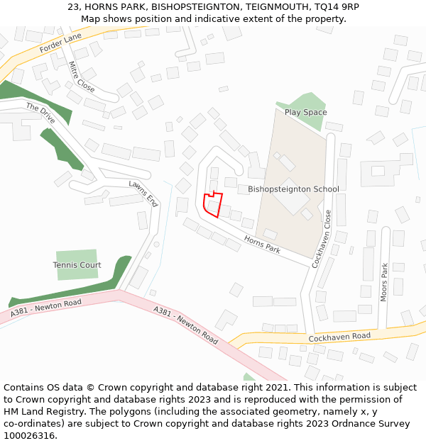 23, HORNS PARK, BISHOPSTEIGNTON, TEIGNMOUTH, TQ14 9RP: Location map and indicative extent of plot