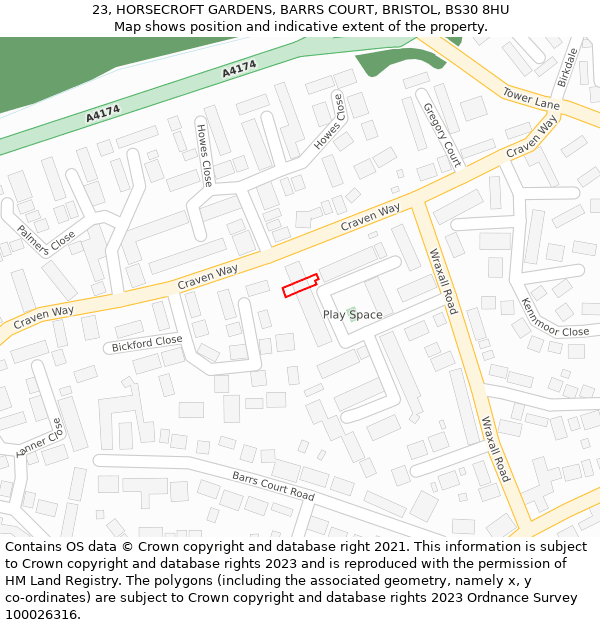 23, HORSECROFT GARDENS, BARRS COURT, BRISTOL, BS30 8HU: Location map and indicative extent of plot