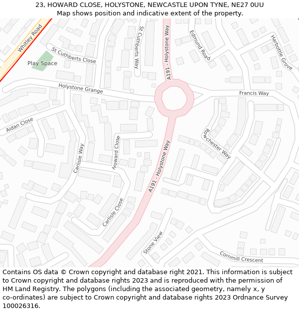 23, HOWARD CLOSE, HOLYSTONE, NEWCASTLE UPON TYNE, NE27 0UU: Location map and indicative extent of plot