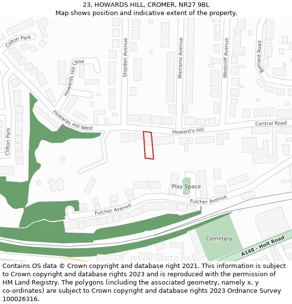 23, HOWARDS HILL, CROMER, NR27 9BL: Location map and indicative extent of plot