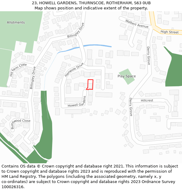 23, HOWELL GARDENS, THURNSCOE, ROTHERHAM, S63 0UB: Location map and indicative extent of plot