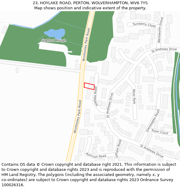 23, HOYLAKE ROAD, PERTON, WOLVERHAMPTON, WV6 7YS: Location map and indicative extent of plot