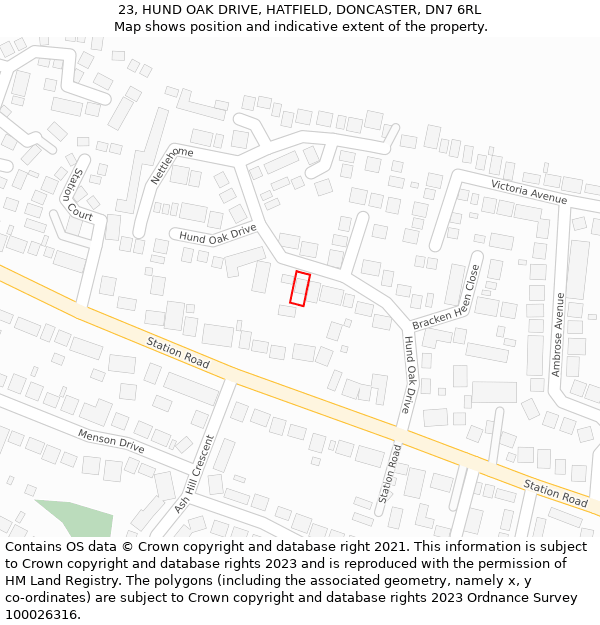 23, HUND OAK DRIVE, HATFIELD, DONCASTER, DN7 6RL: Location map and indicative extent of plot