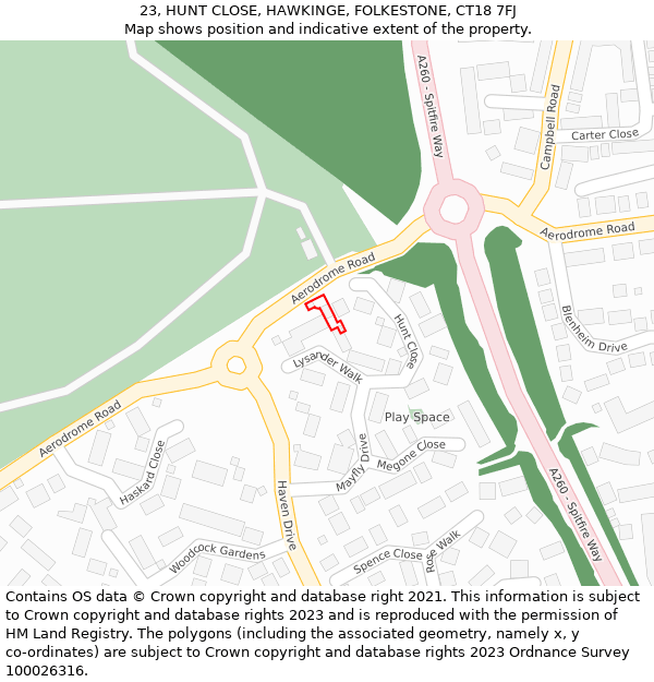 23, HUNT CLOSE, HAWKINGE, FOLKESTONE, CT18 7FJ: Location map and indicative extent of plot