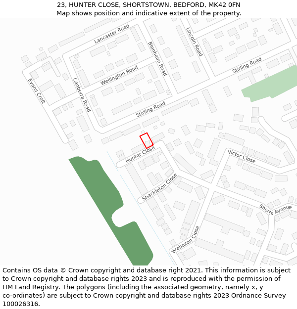 23, HUNTER CLOSE, SHORTSTOWN, BEDFORD, MK42 0FN: Location map and indicative extent of plot