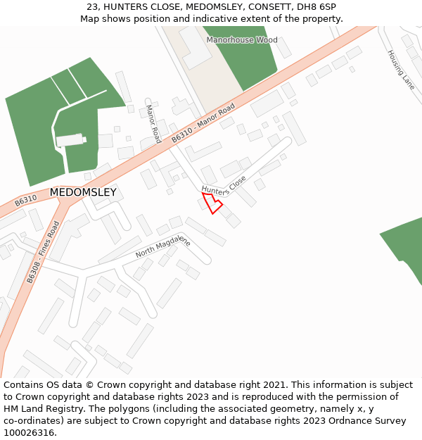 23, HUNTERS CLOSE, MEDOMSLEY, CONSETT, DH8 6SP: Location map and indicative extent of plot