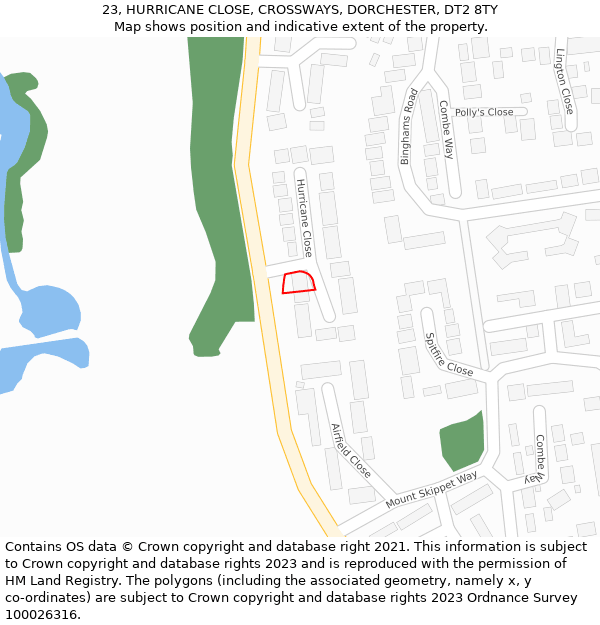 23, HURRICANE CLOSE, CROSSWAYS, DORCHESTER, DT2 8TY: Location map and indicative extent of plot