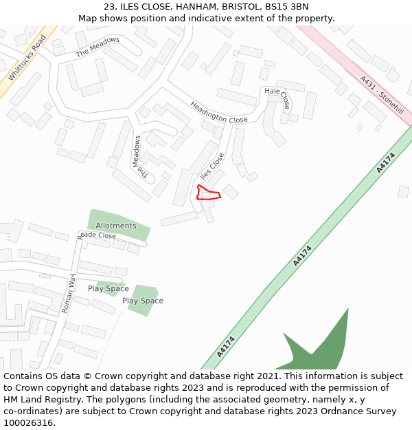 23, ILES CLOSE, HANHAM, BRISTOL, BS15 3BN: Location map and indicative extent of plot