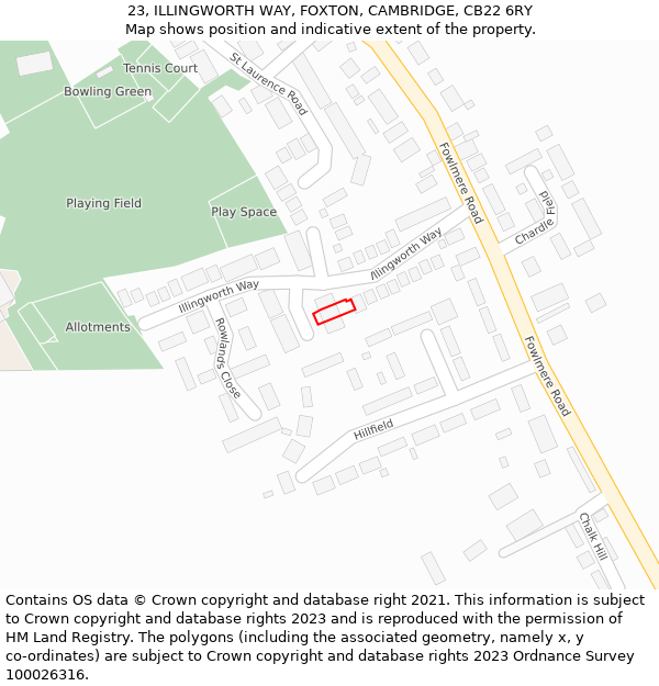 23, ILLINGWORTH WAY, FOXTON, CAMBRIDGE, CB22 6RY: Location map and indicative extent of plot